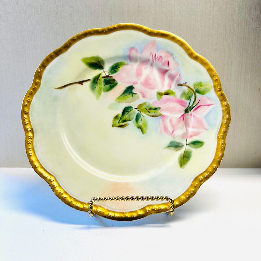 Vintage Haviland Limoges France Pink Rose Floral Plate Rim Gold Toned Accent